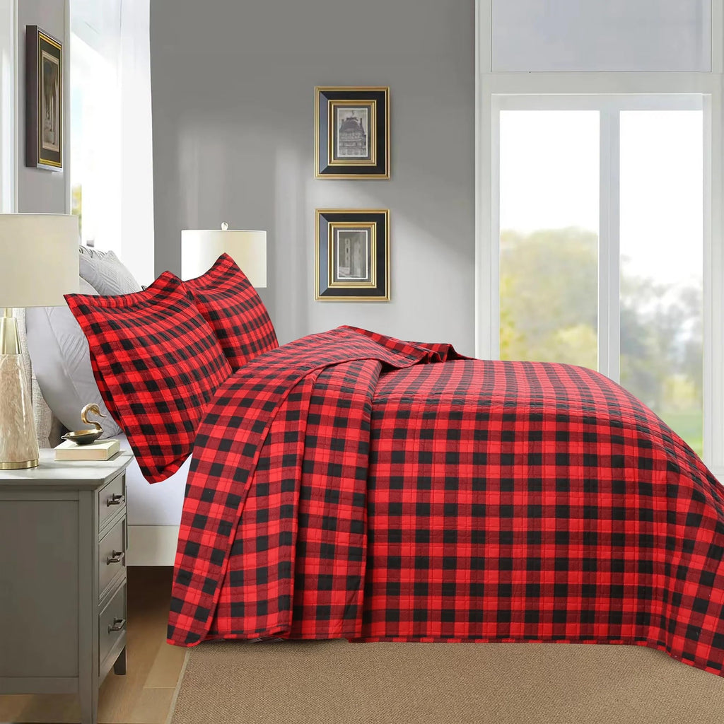 3 Pcs Buffalo Red Christmas Quilt Bedspread Set, Queen
