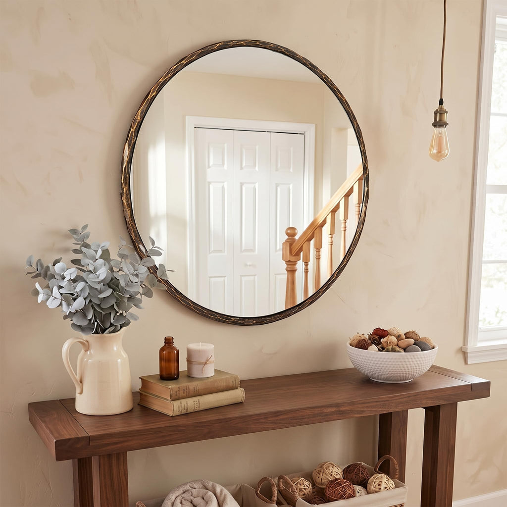 Hand-Forged Round Bathroom Mirror, 24 Inch Oil Rubbed Bronze Vanity Circular Mirror, Solid Steel Antique Hammered