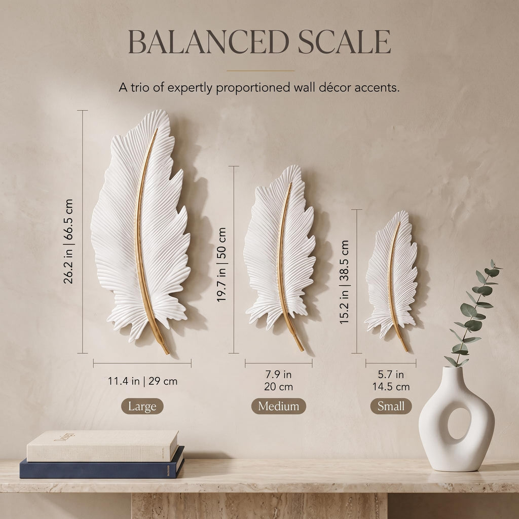 3-Piece 3D Metal Feather Wall Decor Set, White & Gold