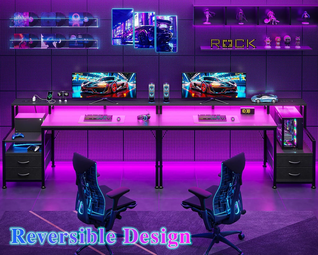 55" Gaming Desk with LED Lights & USB-C Port, Carbon Fiber Black | Reversible Large Computer Desk with 2 Fabric