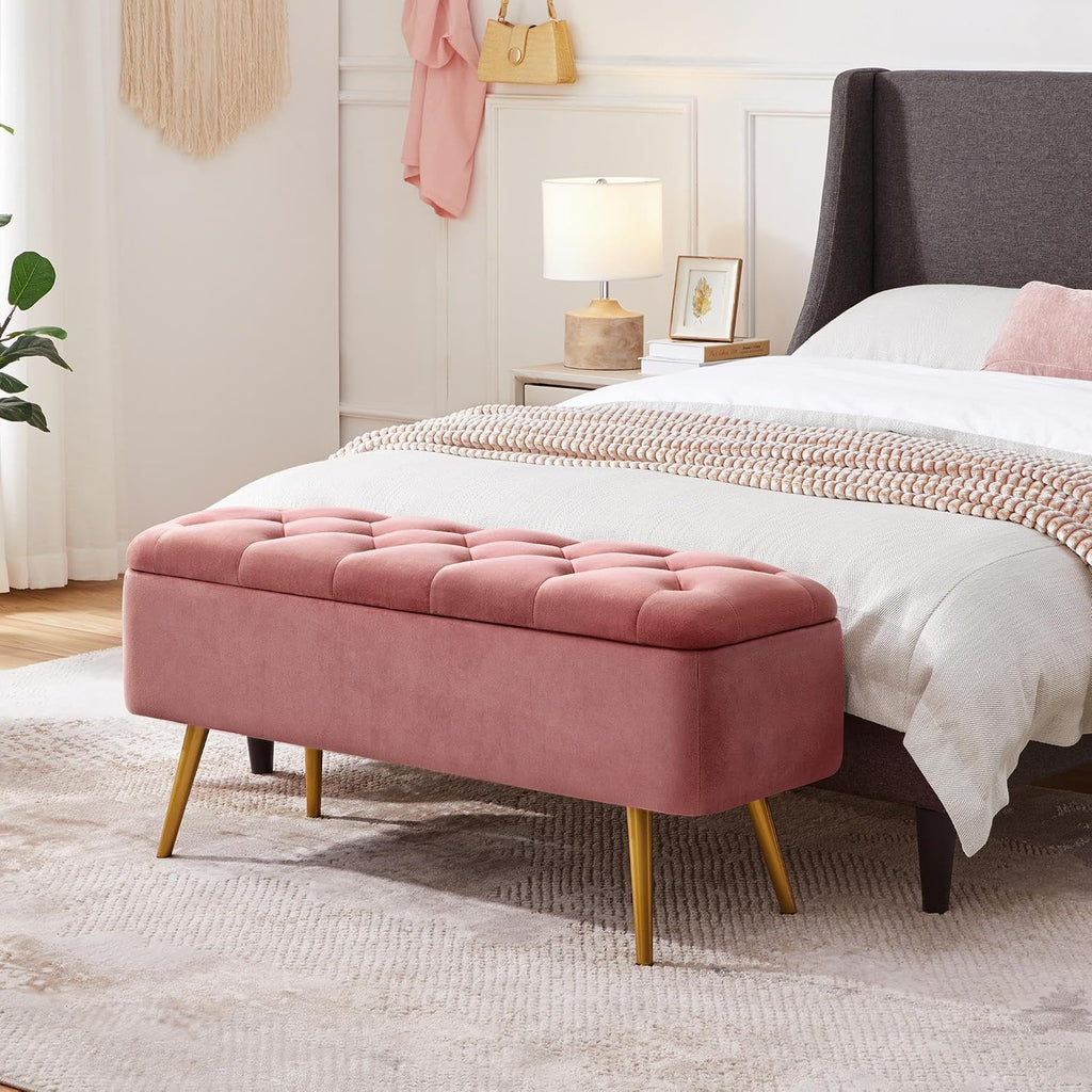 43in Ottoman Bench Velvet Storage End of Bed, Pink | Button-Tufted Ottoman Bench with Tapered Gold Metal Legs, 1.9C