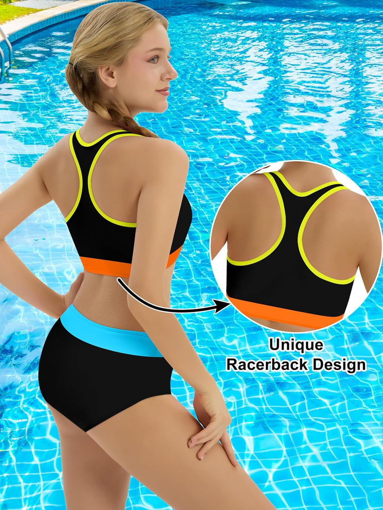 Girls Swimsuit Color-Block High Waist Sporty Sets Girls Two Piece Bathing Suit with Chest Pad Swimwear