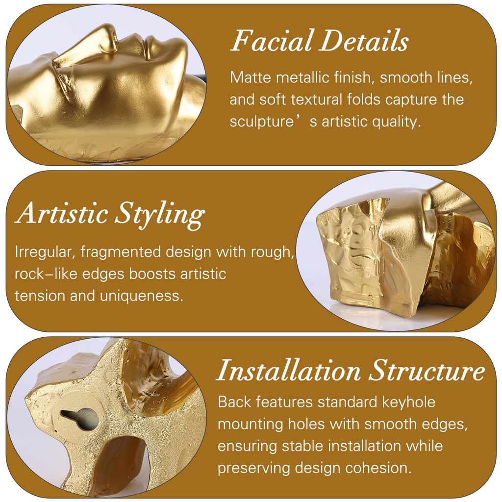 Face Wall Sculptures Set of 3, Modern 3D Abstract Wall Art, Black and Gold