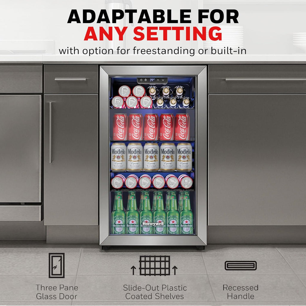 Beverage Refrigerator and Cooler, 116 Can Mini Fridge with Glass Door for Soda B