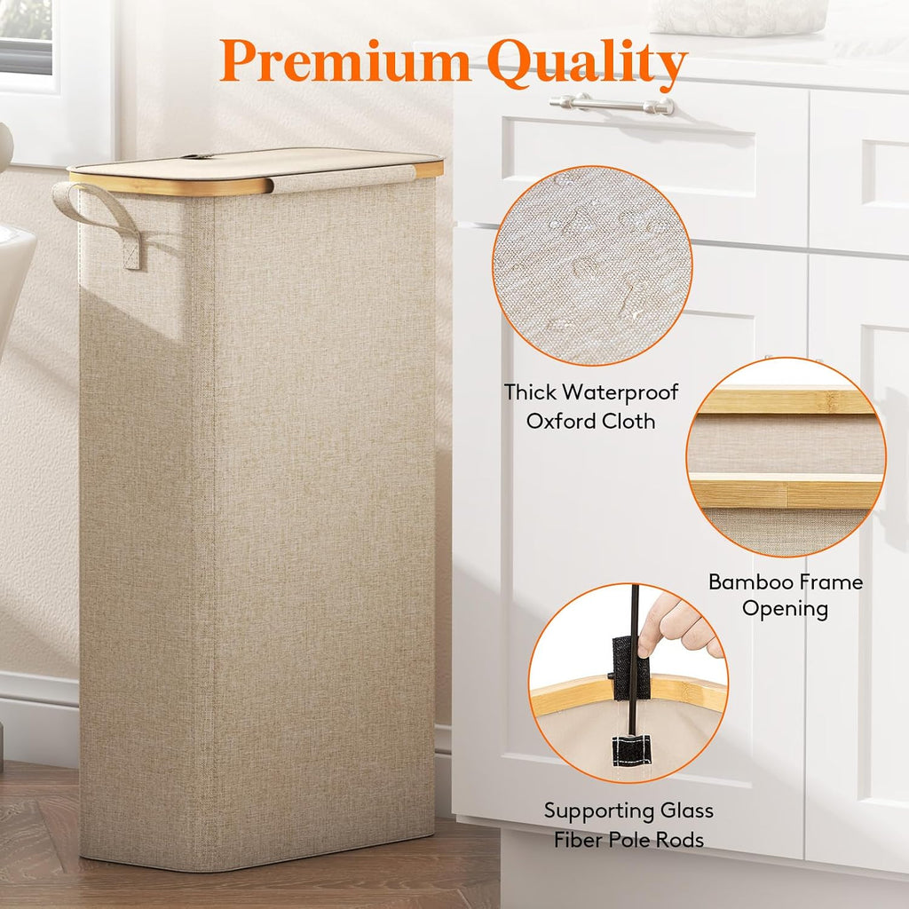 65L Slim Laundry Hamper with Lid, Narrow Laundry Basket with Removable Bag & Bamboo Handles, Fodable Thin Dirty