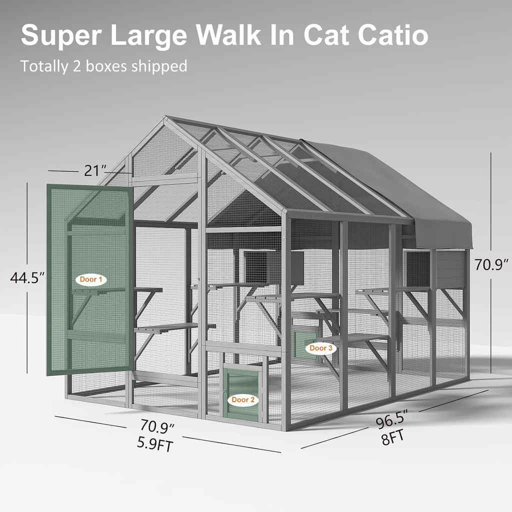 Catio Outdoor Cat Enclosure with Waterproof Cover, 97inch, Grey