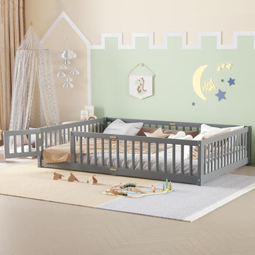Queen Size Montessori Bed with High Fence and Guardrail, Solid Wood Floor Bed Frame for Kids Boys Girls, Gray