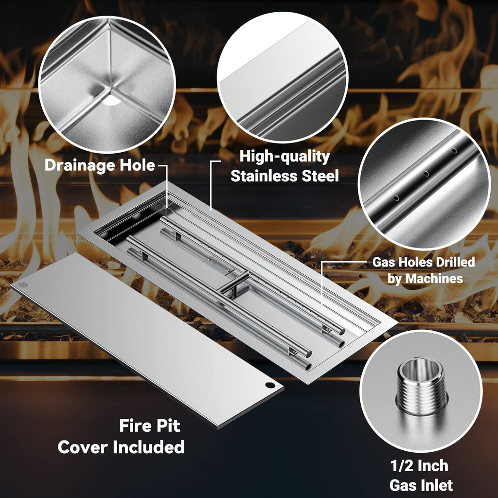 Rectangular Stainless Steel Fire Pit Pan & Burner, 30x10