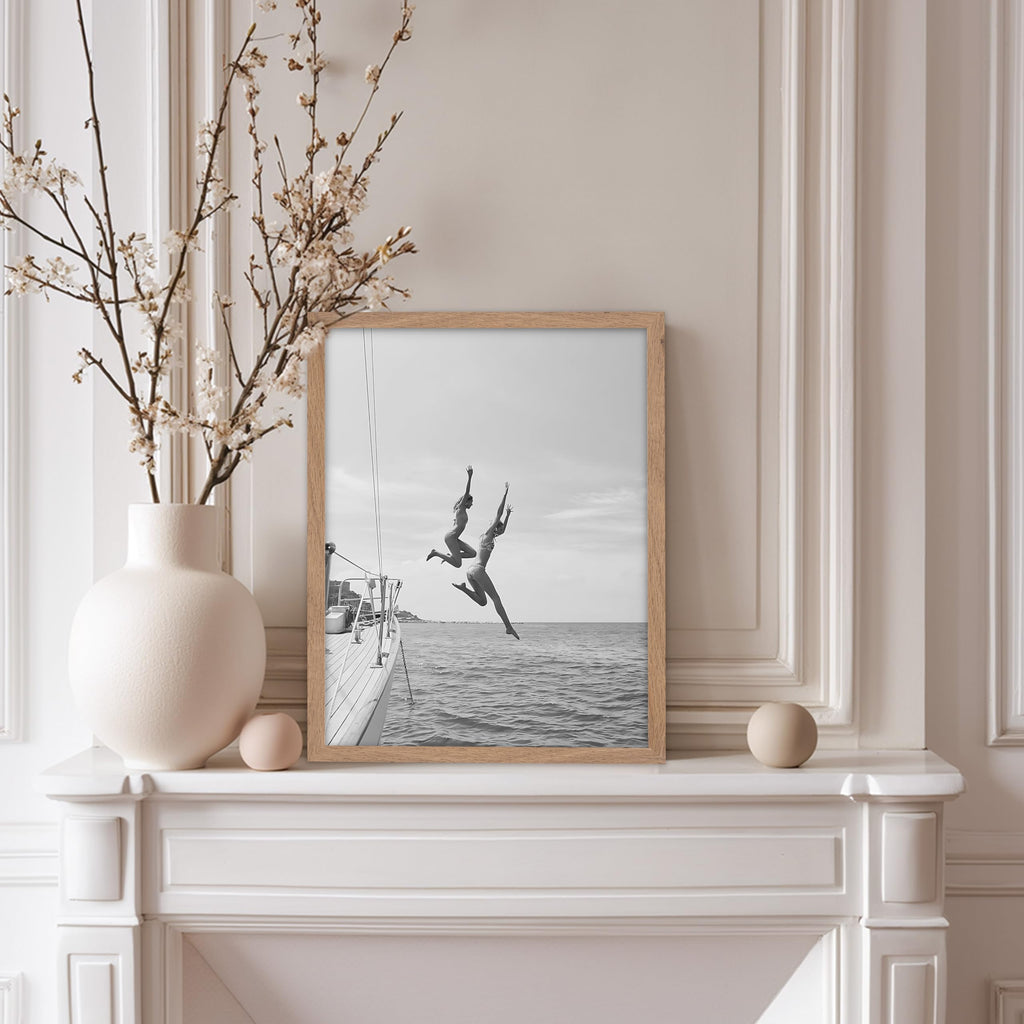 Jumping Off a Boat Poster - Sailboat Print - Ocean Art - Swimming Illustration - Black and White Photo - Ocean or