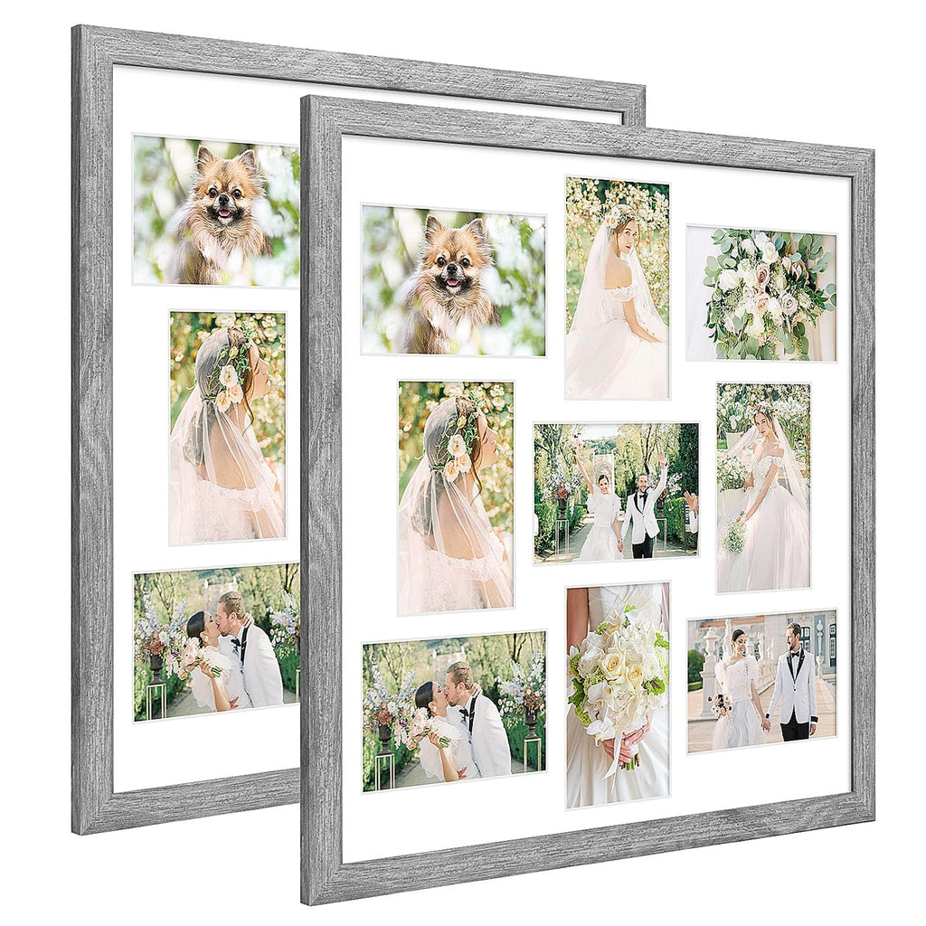 17x17 Collage Frame with 9 Openings 4X6 Pictures, Multiple Picture Frame with Mat, Wall or Tabletop Decor, Grey Wood