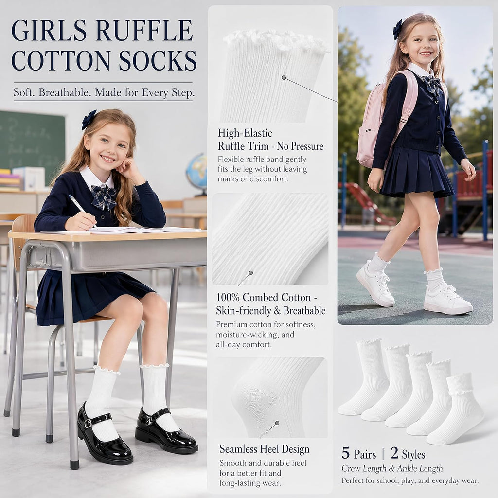 White Cute Frilly Turn Cuff School Uniform Sock 5Pairs