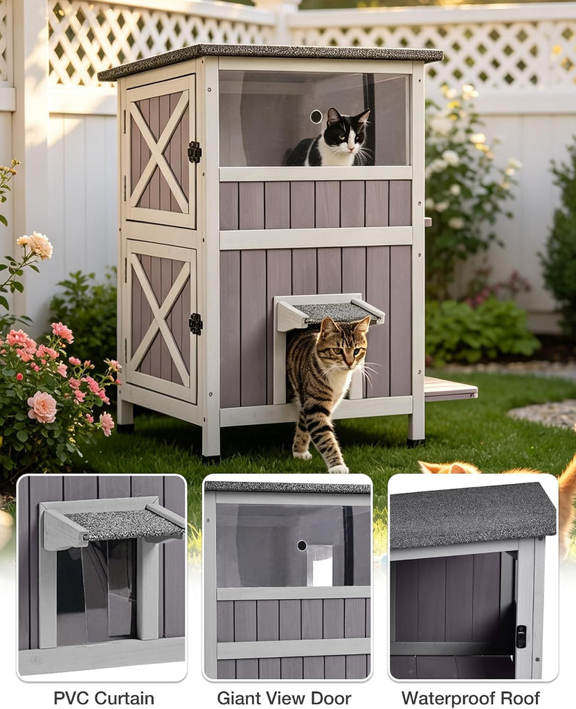 2-Story Cat House - Solid Wood Outdoor/Indoor Kitty Condo