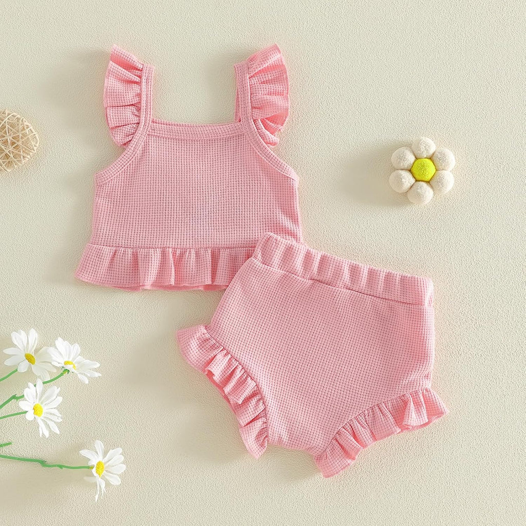 Baby Girl Summer Clothes Outfits 0 3 6 12 Flower Ruffle Sleeve Tops and Shorts Set