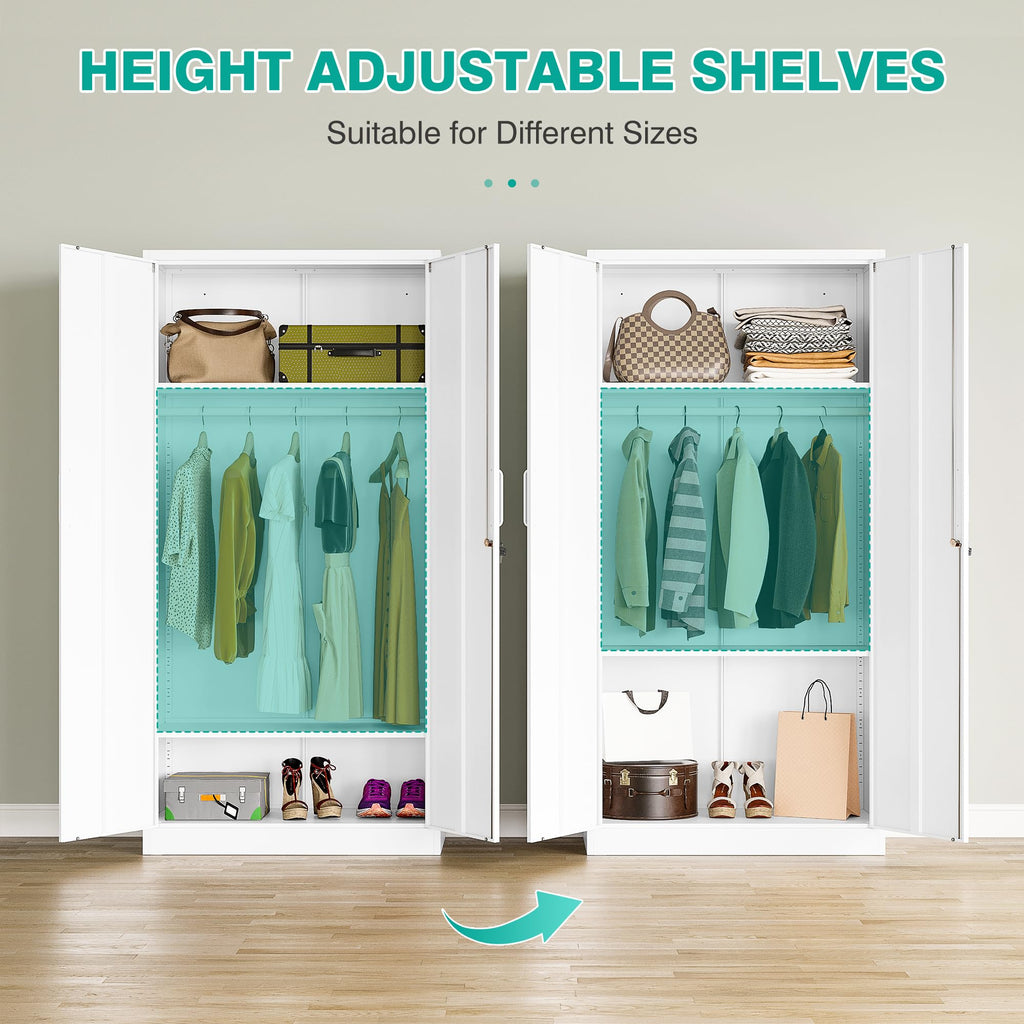 Metal Wardrobe Cabinet with Hanging Rod & Lock, White Armoire Wardrobe Closet, Metal Clothing Storage Cabinet with