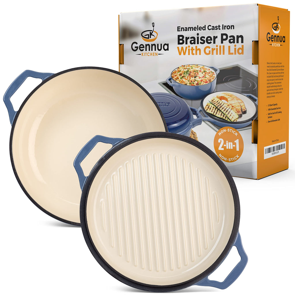 2-in-1 Enameled Cast Iron Braiser Pan with Grill Lid - 3.3-Quart Small Dutch Oven, Serves as Both Casserole &