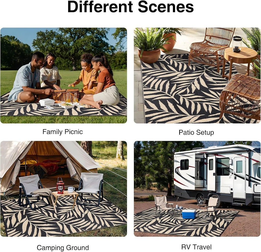 Outdoor Rug Waterproof Reversible Leaf Mat, Black & Beige