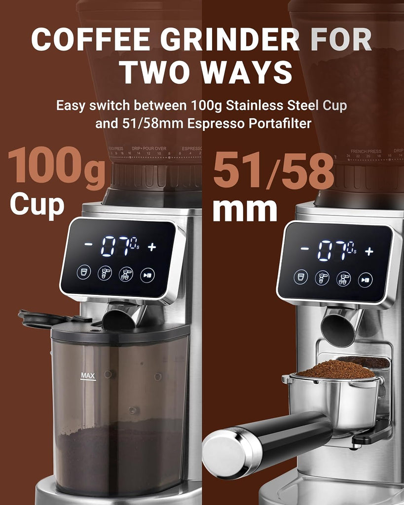 Burr Coffee Grinder, 48 Settings, Less Static Mess, Metallic Silver | 40mm Burr, Low Retention, 0.5s LED Timer