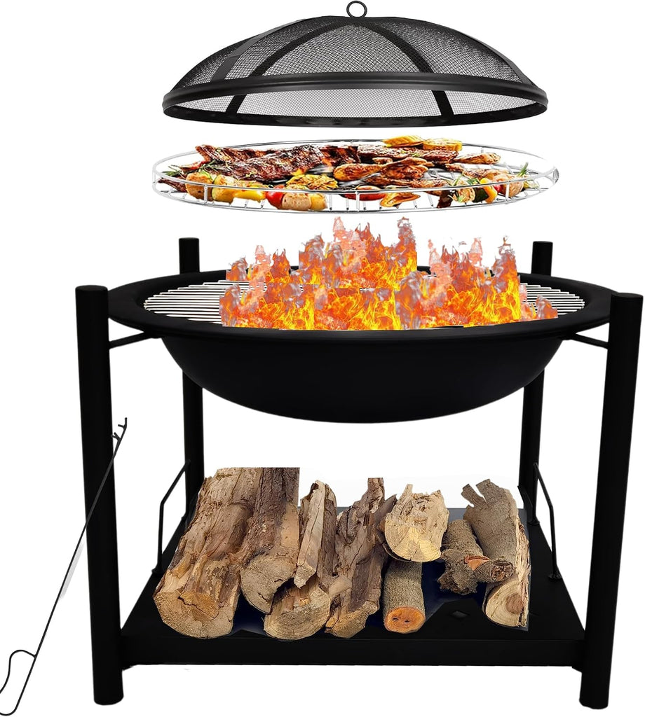 Outdoor Wood Fire Pit - 26" Steel BBQ Grill with Mesh Spark Screen, Log Grate, Fire Poker & Cover for Camping, Picnic