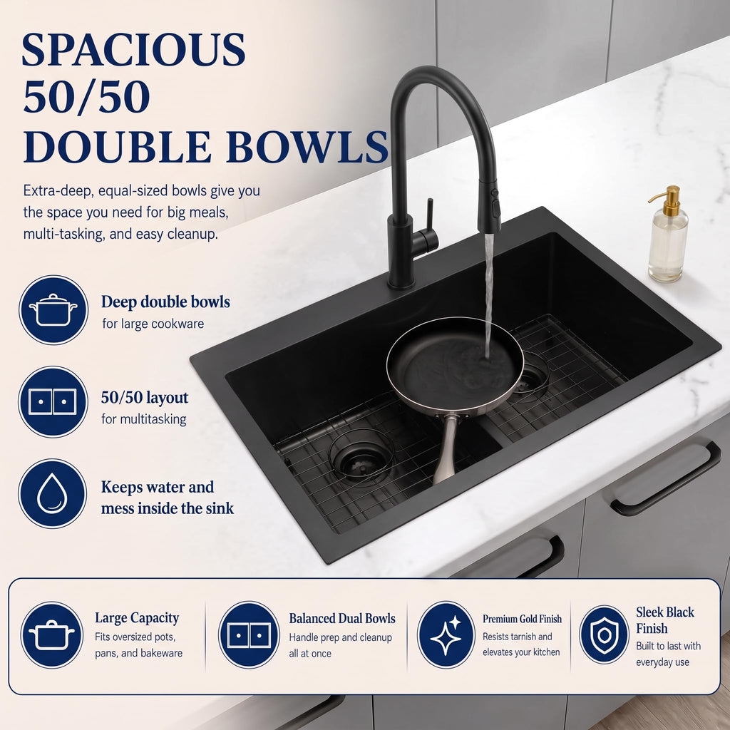 Black, 33x22 Drop In Black, Top Mount Stainless Steel Sink, Large Capacity, 50/50 Double Bowl Sink with Unique