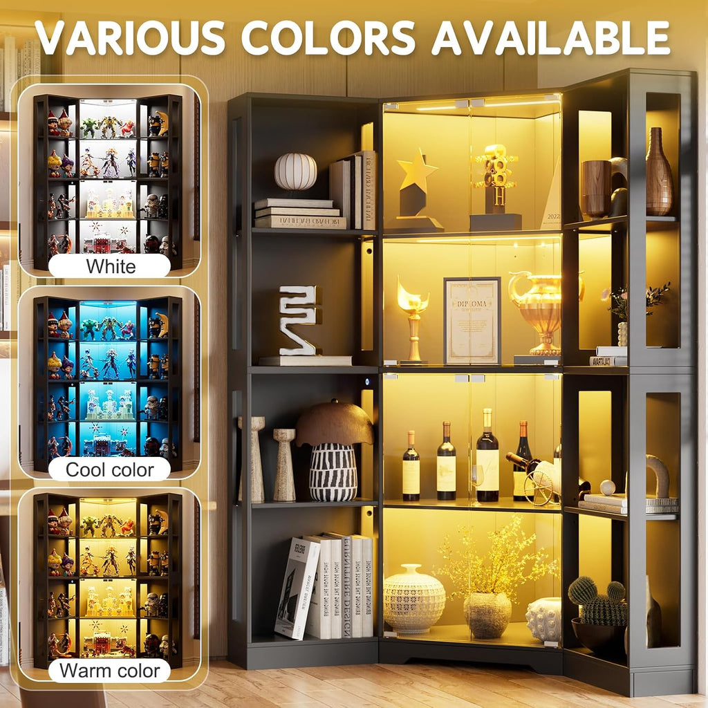 Corner Display Curio Cabinet with Glass Doors,65" Lighted Collectibles Showcase with 3 Color LED Lights,4-Tier