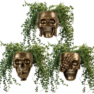 3 Pcs Skull Wall Planters, Gothic Hanging Skeleton Pot Set, Gold