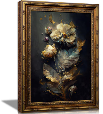 Vintage Gold Framed Botanical Wall Art Gold Abstract Floral Wall Decor Dark Moody Flower Leaves Painting Picture