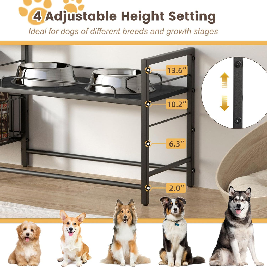 Elevated Dog Bowl Stand with 2 Feeding Stations, Adjustable Raised Feeding Station Cabinet with Toy Bin Basket