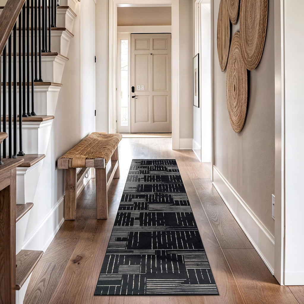 Block Stripe Machine Washable Non-Slip Runner Rug, Black