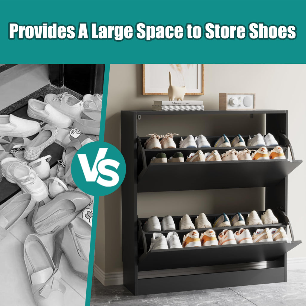 Shoe Storage Cabinet with 2 Flip Drawers, Wood Freestanding Hidden Shoe Storage, Sturdy Narrow Slim Shoe Organizer