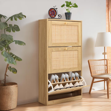 3 Tier Shoe Cabinet with Natural Rattan Flip Drawers, Free Standing Slim Shoe Storage Organizer with Large Top