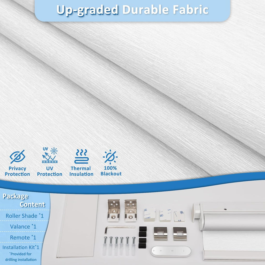 No-Drill Motorized Blackout Blinds with Remote, White, 34" x 72" | Tool-Free Installation, Works with Tuya & Alexa