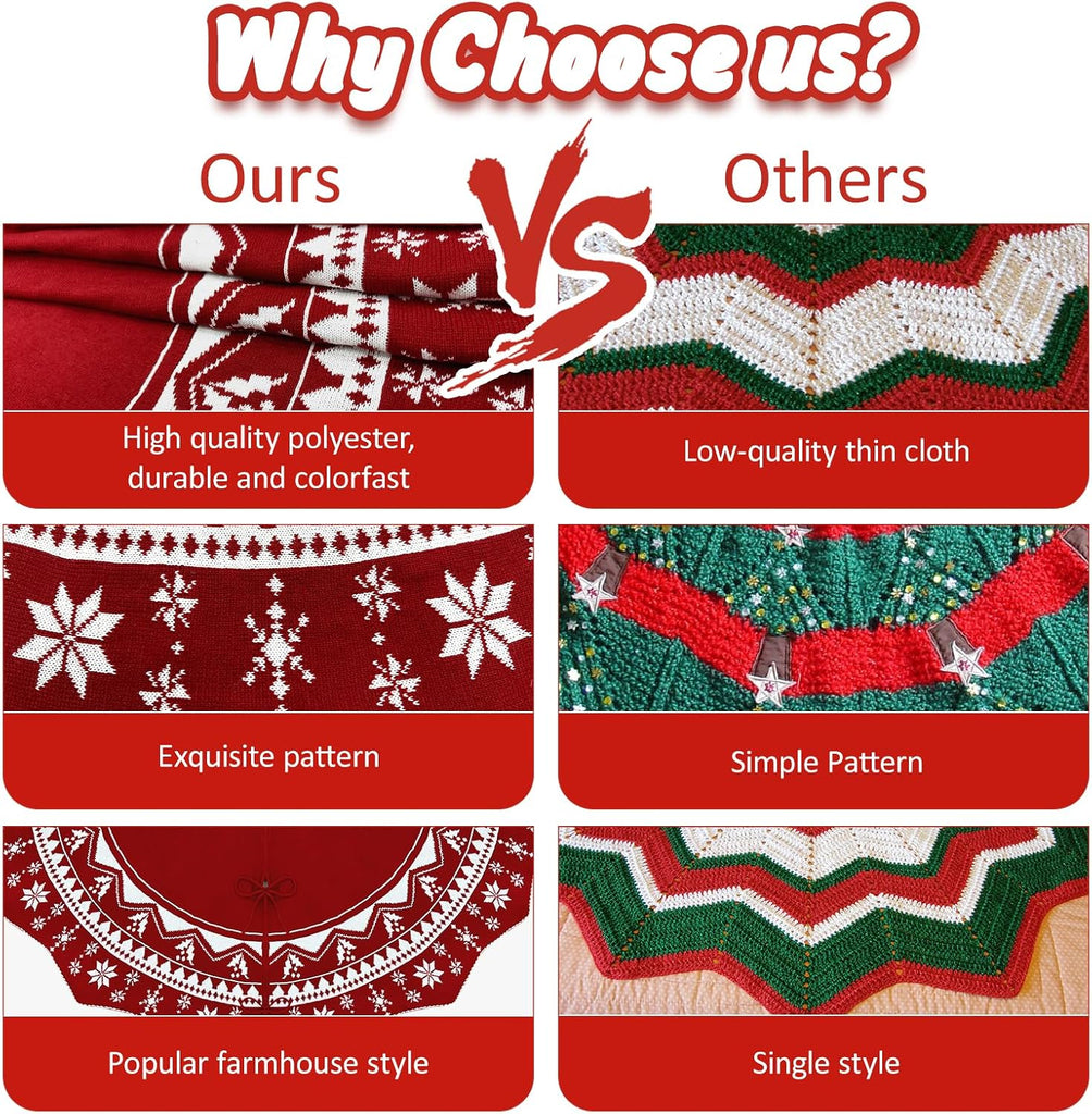 Christmas Tree Skirt 60 Inches, Double-Sided Knit Red Snowflake Xmas Decor