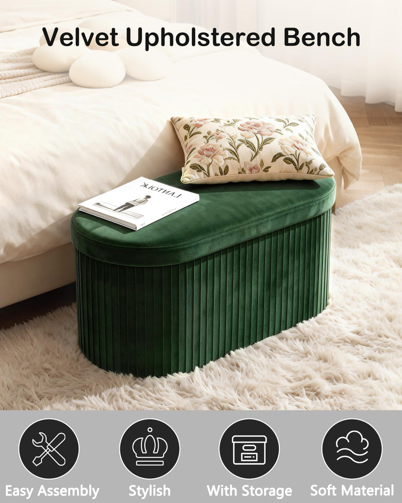 Folding Ottoman with Storage, Oval Velvet Storage Bench, Green
