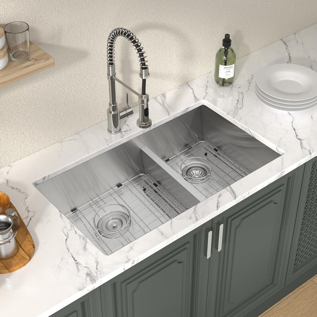 32 Inch Undermount Double Bowl Kitchen Sink 16 Gauge Stainless Steel with Smart Low Divider 32x19 Inch Double Bas