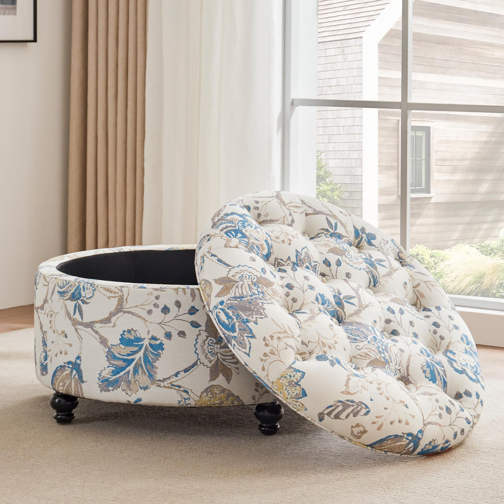 30" Round Storage Ottoman, Button Tufted Coffee Table