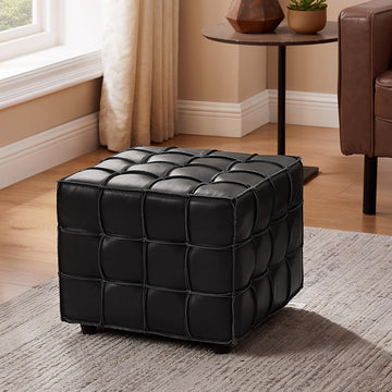Tufted Square Ottoman Leather Footstool Modern Foot Rest Black
