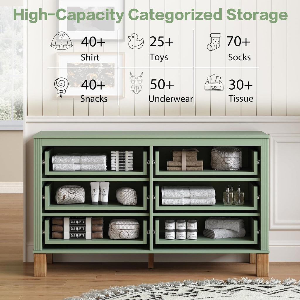 Modern 6 Drawers Double Dresser with Metal Handles for Bed Room, Sage Green | Dresser Chest of Drawers with Solid