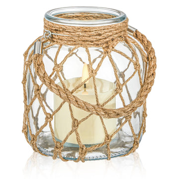 1 Set Nautical Lanterns Rope Handle, Coastal Glass Jar, Clear