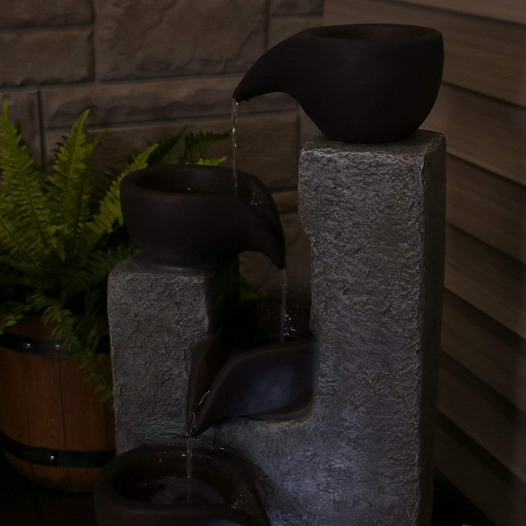Aged Tiered Vessels 29-Inch Solar Fountain with Battery Backup - Submersible Pump - Polyresin