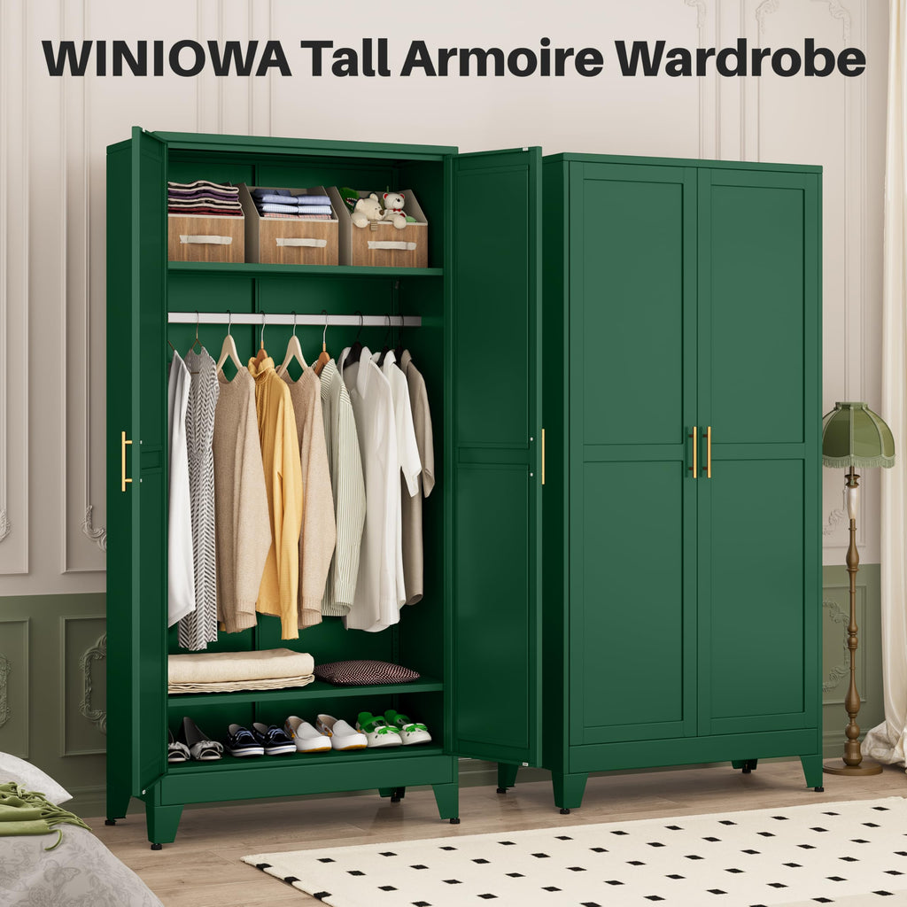 Metal Armoire Wardrobe Closet with 2 Doors, 71" Wardrobe Cabinet with Adjustable Shelves and Hanging Rod, Clothing