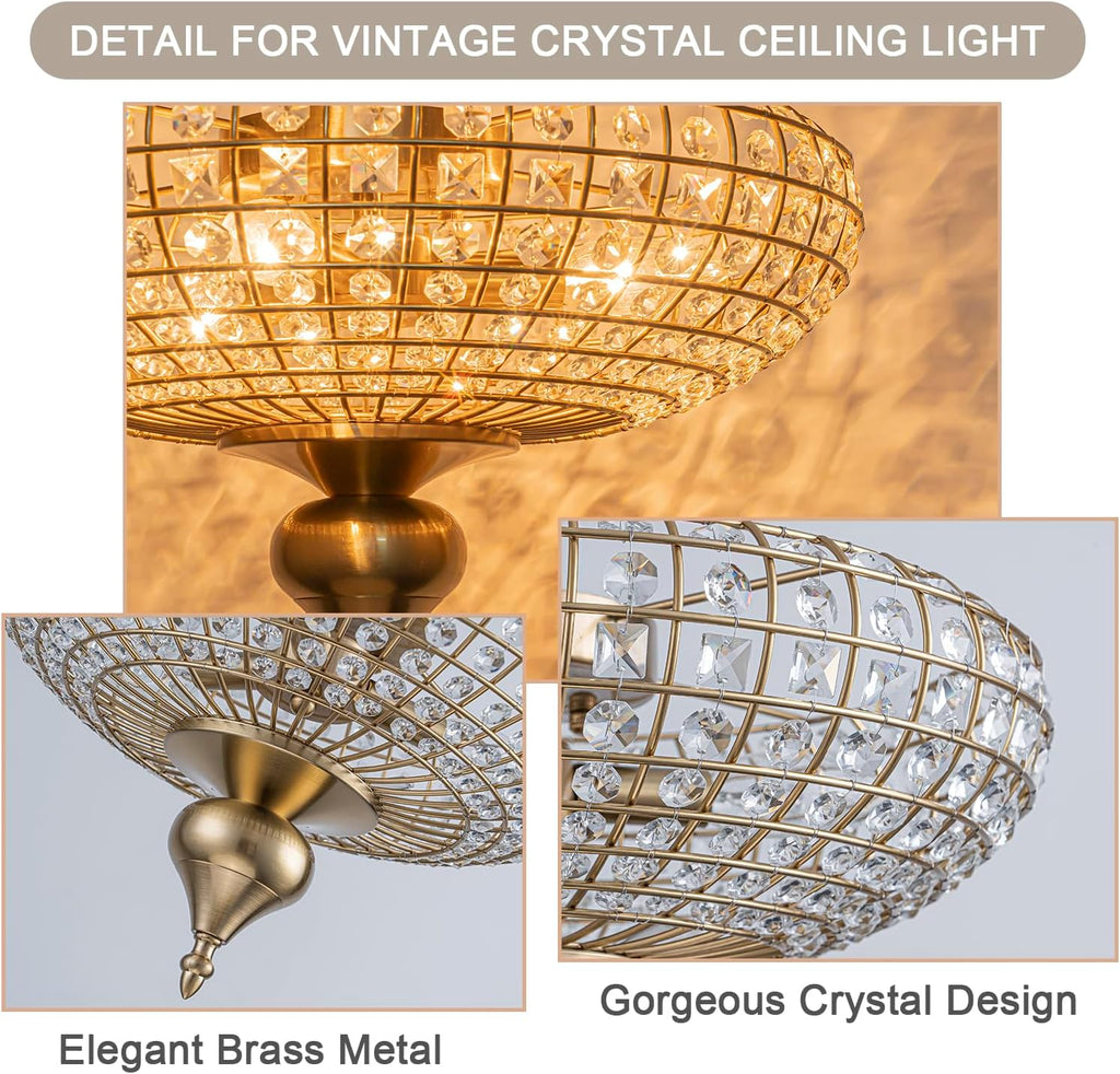 3-Light Vintage Crystal Ceiling Light Semi-Sphere Brass Chandelier with Handcut Beads,16" Antique Crystal Flush Mount