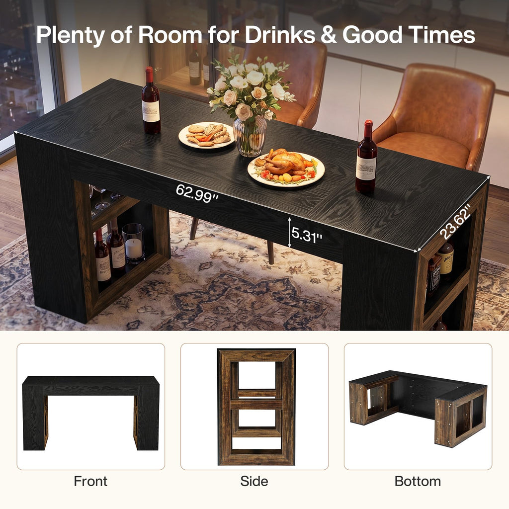 63" Bar Table, Counter Height Pub Table with Storage Shelves
