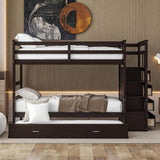 Twin Over Twin Bunk Bed with Stairs and Trundle, Wooden Bunk Bed Frame with Storage Staircase, Espresso