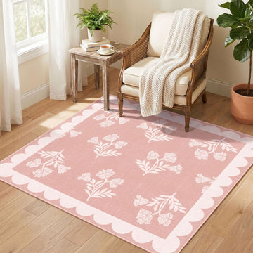Pink Square Rug 3ft - Soft Washable Floral Cute Boho Bathroom Rug
