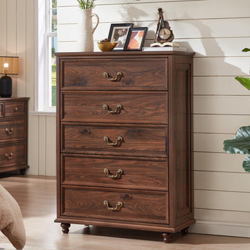 Farmhouse 5 Drawer Dresser , 45" Tall Rustic Chests of Drawers w/ 4 Solid Wood Feet, Mid Century Modern Wooden Closet