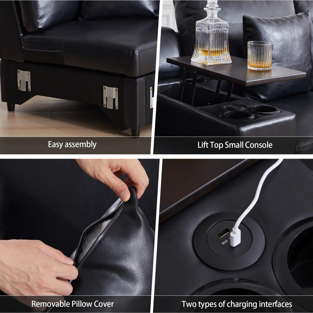 Faux Leather Sectional Sofa, Oversized L Shaped Modular Cloud Couch with Pillows, Modern 6 Seater Leather Couch