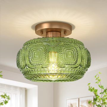 Art Deco Globe Glass Semi Flush Mount Ceiling Light Fixture, Green