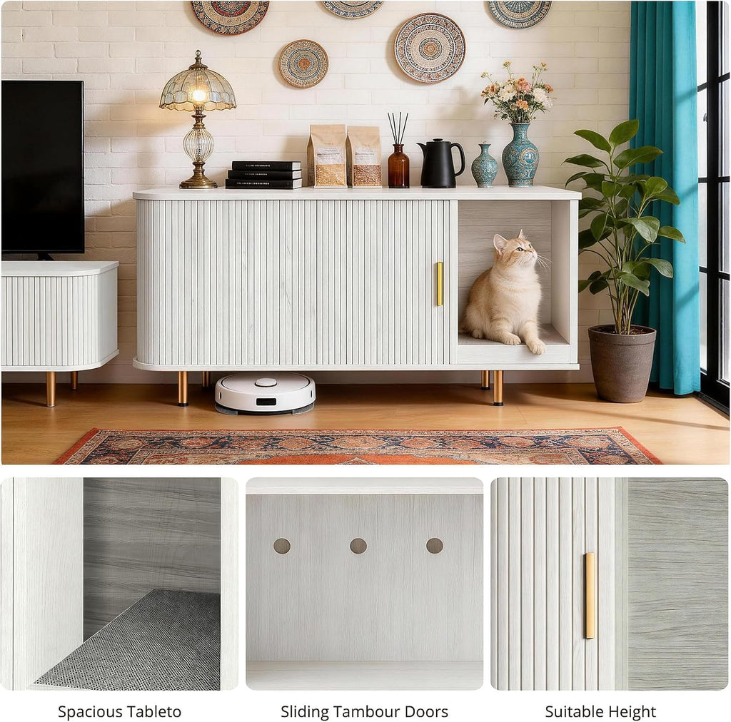 Cat Litter Box Enclosure with Scratch Pad, Sliding Door, 38.5" Cat Litter Furniture Hidden Litter Box Cabinet, Modern