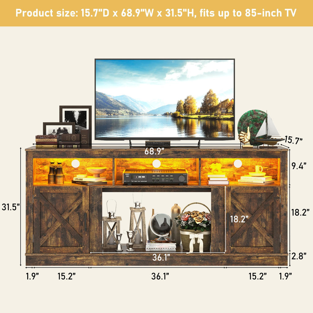 Farmhouse TV Stand for 70/75/80 Inch TV, 32"Tall Entertainment Center w/LED Light, Large Media Console Cabinet w/Barn