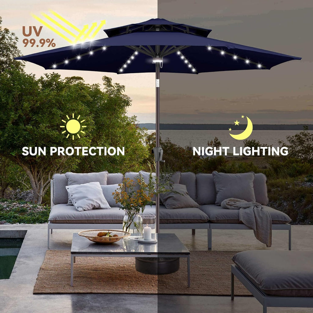 9ft Solar Umbrella Outdoor - 2 Tiers Lighted Solar Patio Umbrella with 40 LED Lights Waterproof UV Protection